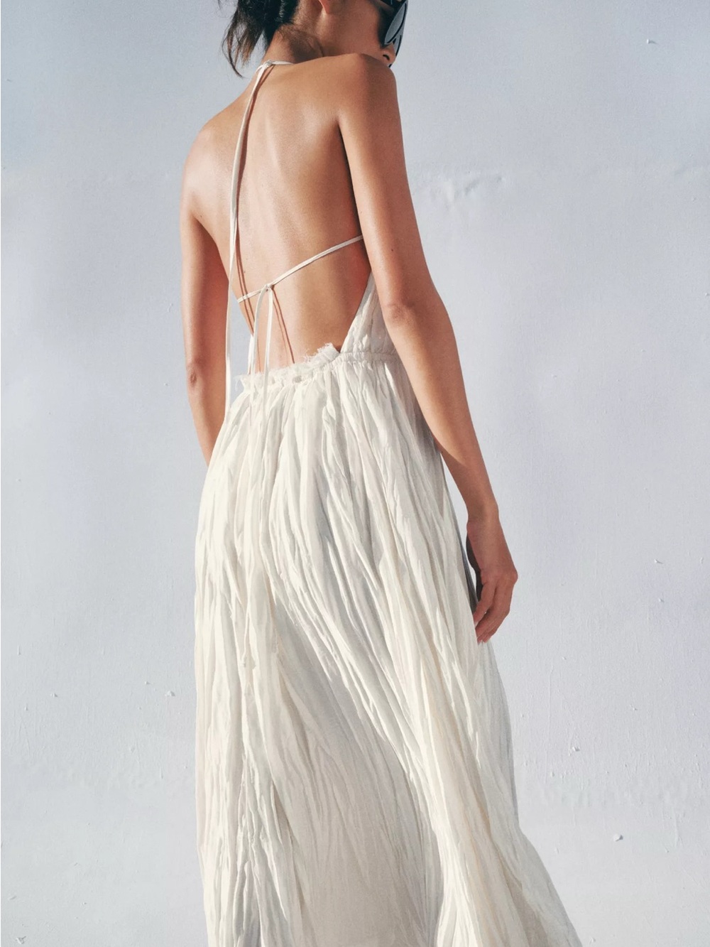 Zara Ivory Crinkled Backless Maxi Dress